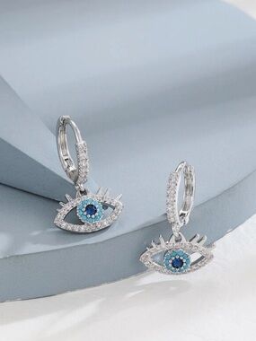 Evil Eye Crystal Drop Earrings - Blue and Silver